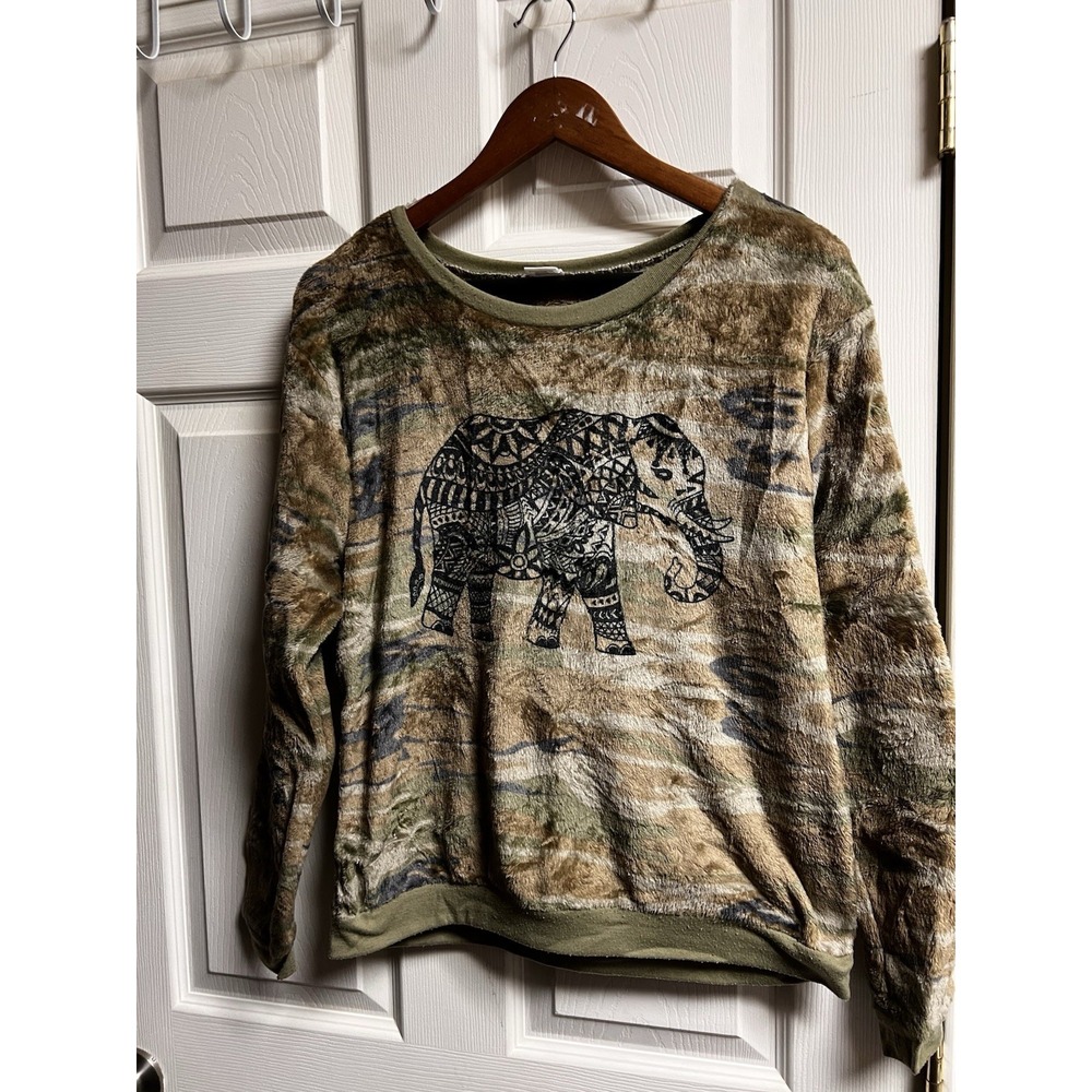 Cold Crush Womens Large‎ Camo Elephant Fuzzy Fleece Pullover Sweatshirt Green